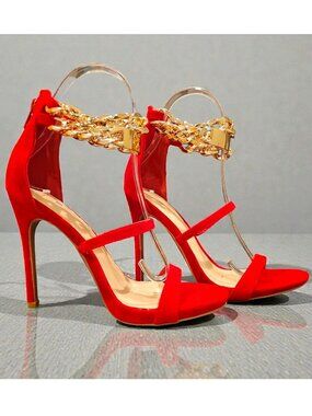 Red High Heel Sandals With Gold Chain Ankle Strap